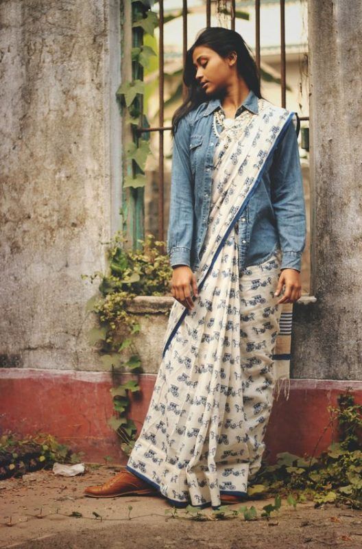 plus-size-saree-with-a-jeans-jacket