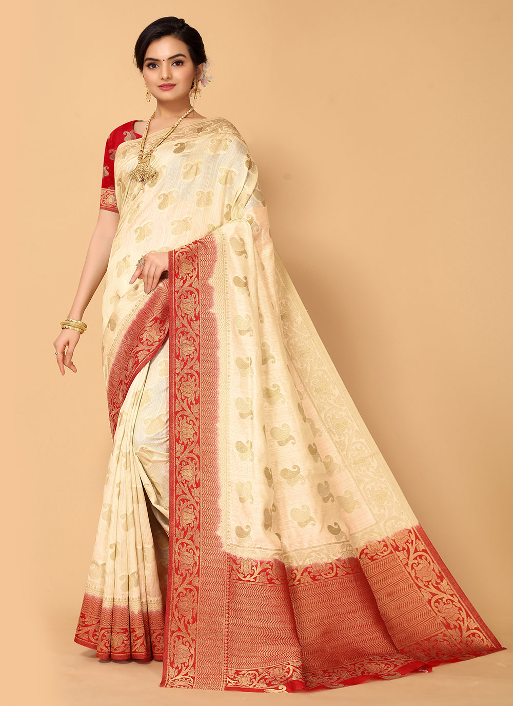 Red and White Banarasi Silk Saree