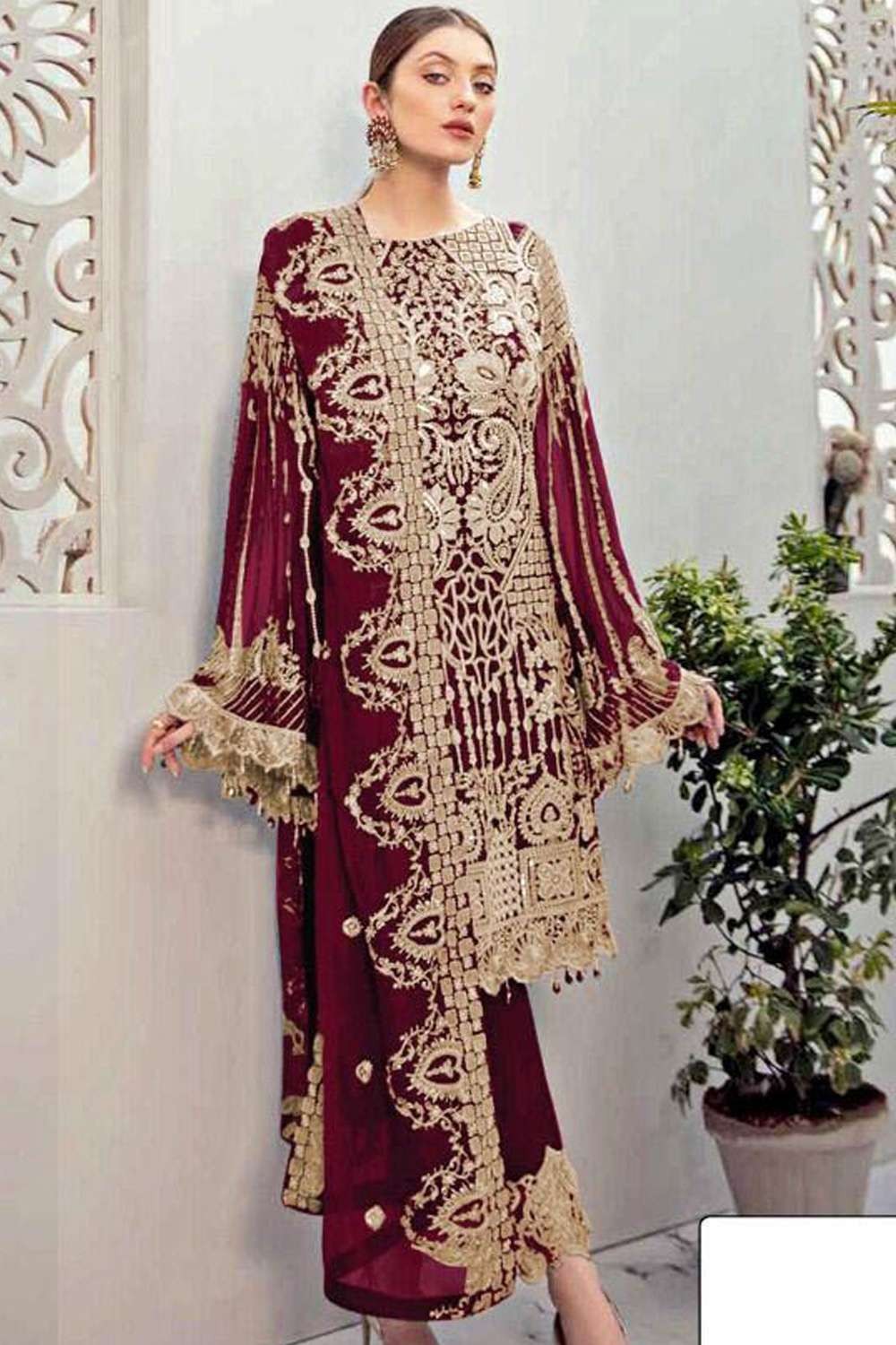 Skirt-Style Maroon Pakistani Salwar Kameez