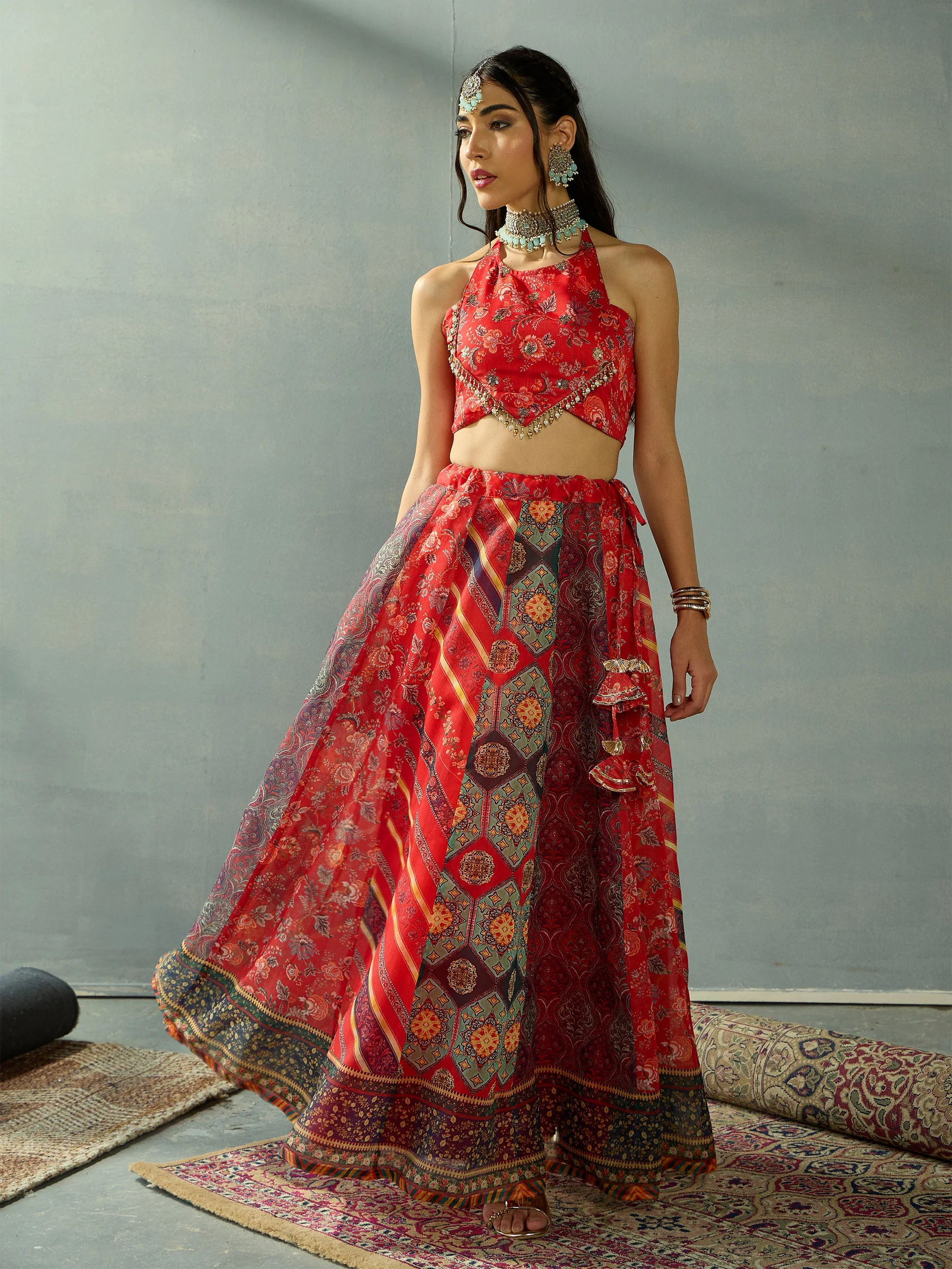 Printed Flared Skirt with Halter Neck Choli